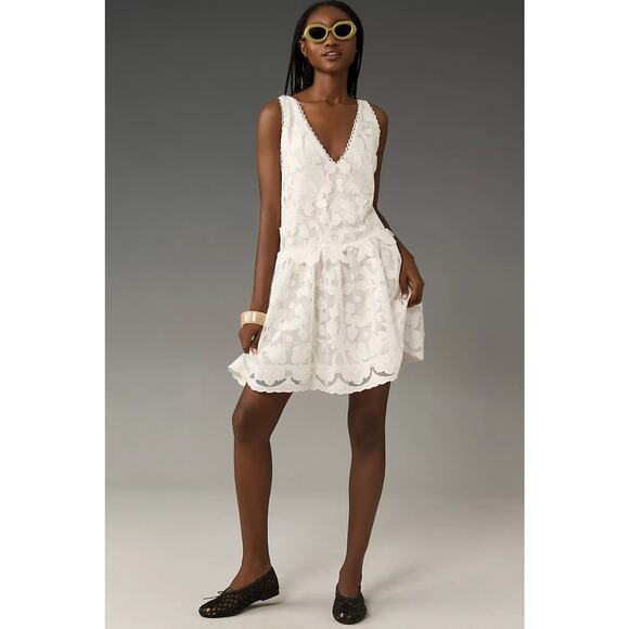 NWT By Anthropologie Sleeveless V-Neck Lace Swing Mini Dress $288 MEDIUM White - Picture 1 of 6